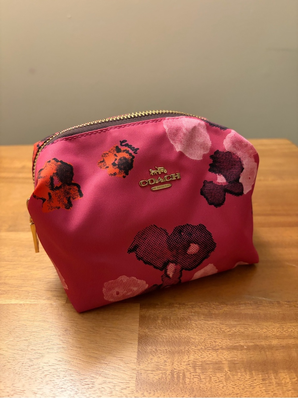 COACH Pink Floral Small Boxy Cosmetic Case with Gold Logo